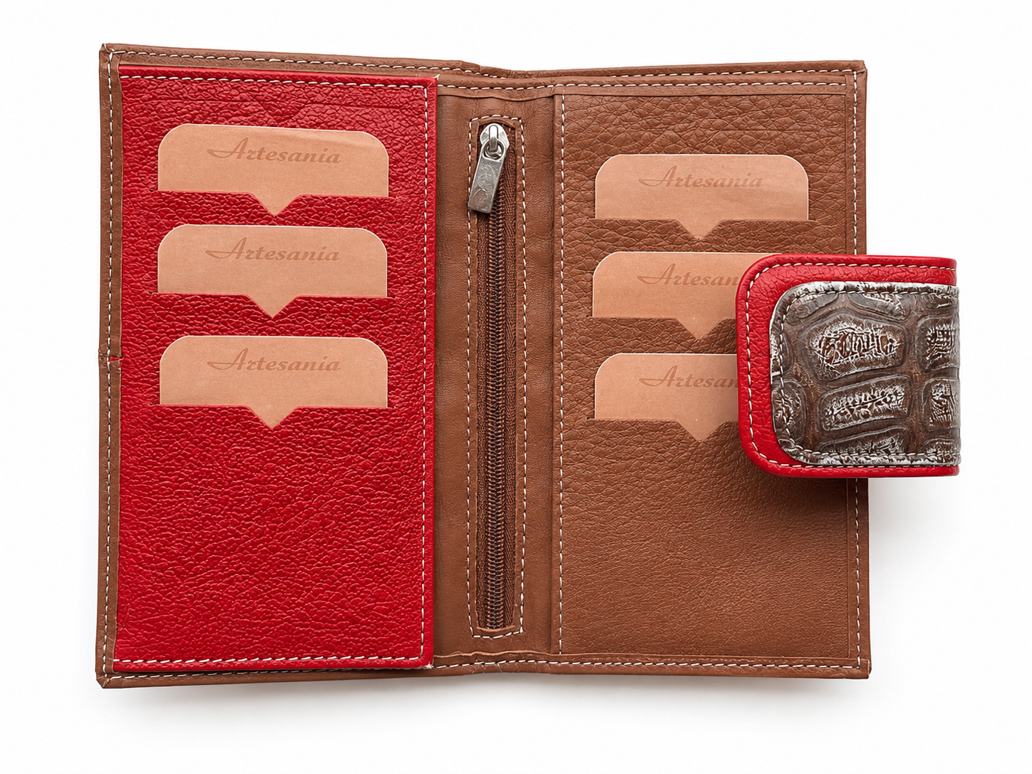 Cartera billetera mujer piel marron rojo