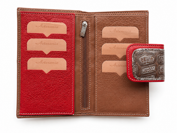Cartera billetera mujer piel marron rojo