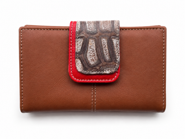 Cartera billetera mujer piel marron rojo