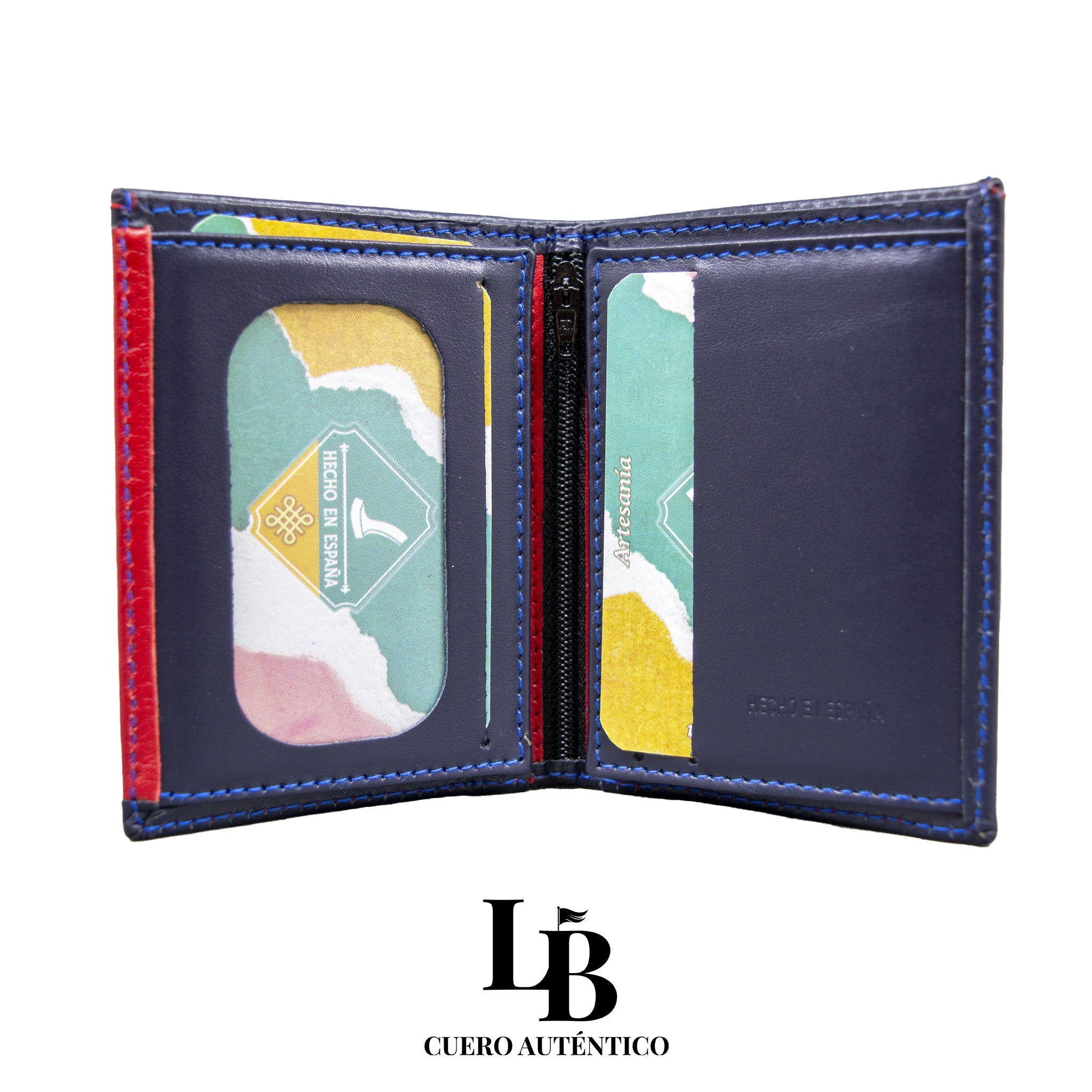 Cartera hombre piel azul y rojo