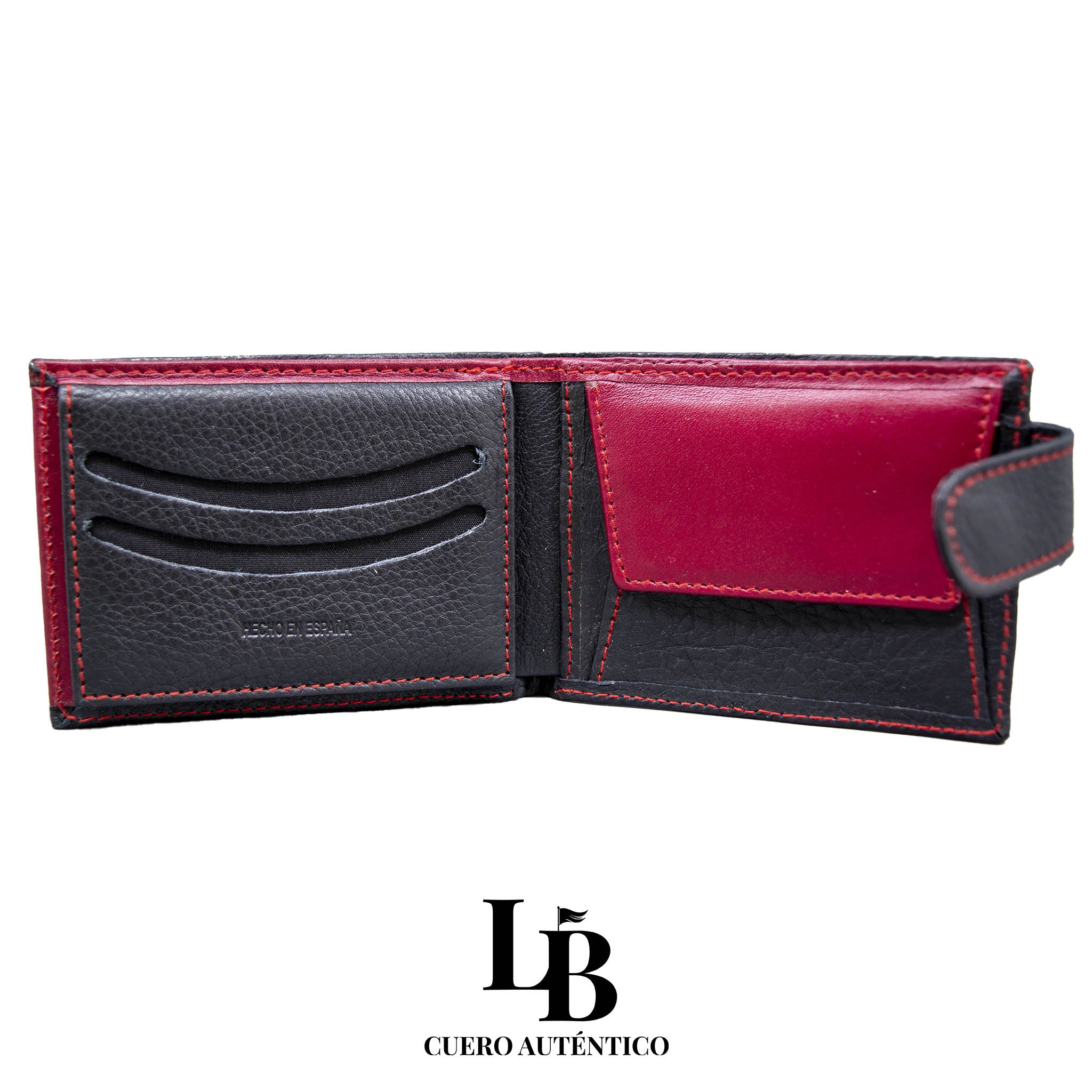 Cartera hombre piel negro y rojo broche