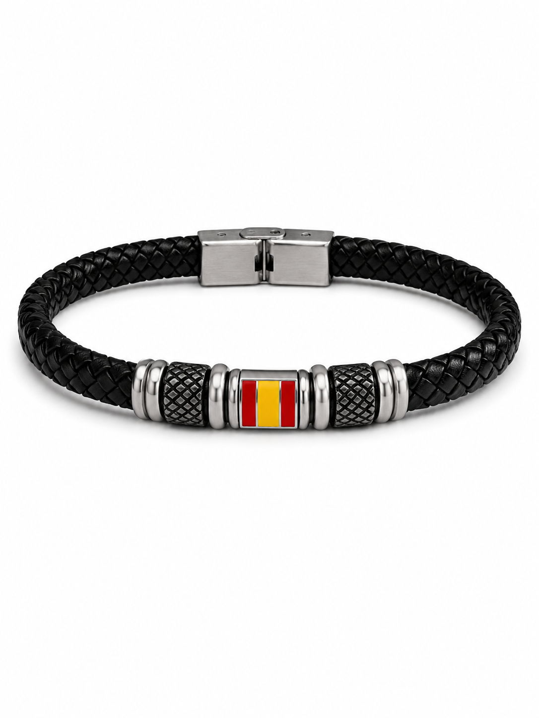 Pulsera de Cuero Negro Doble Trenzado con Bandera de España | Malla y Acero Inoxidable