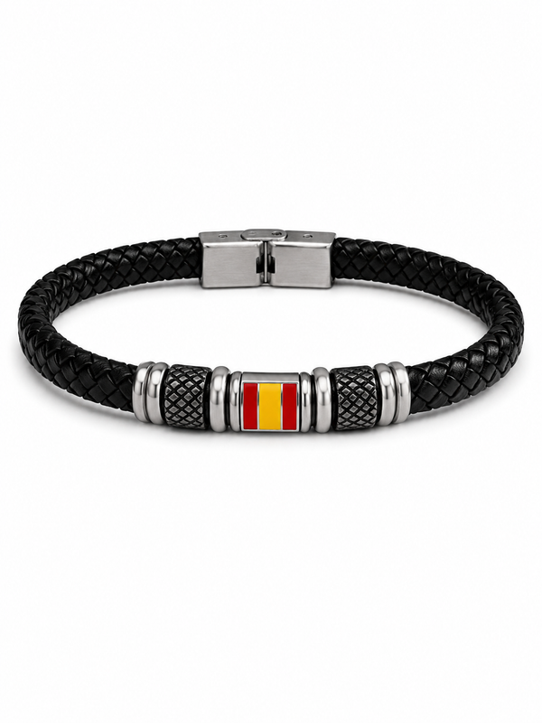 Pulsera de Cuero Negro Doble Trenzado con Bandera de España | Malla y Acero Inoxidable
