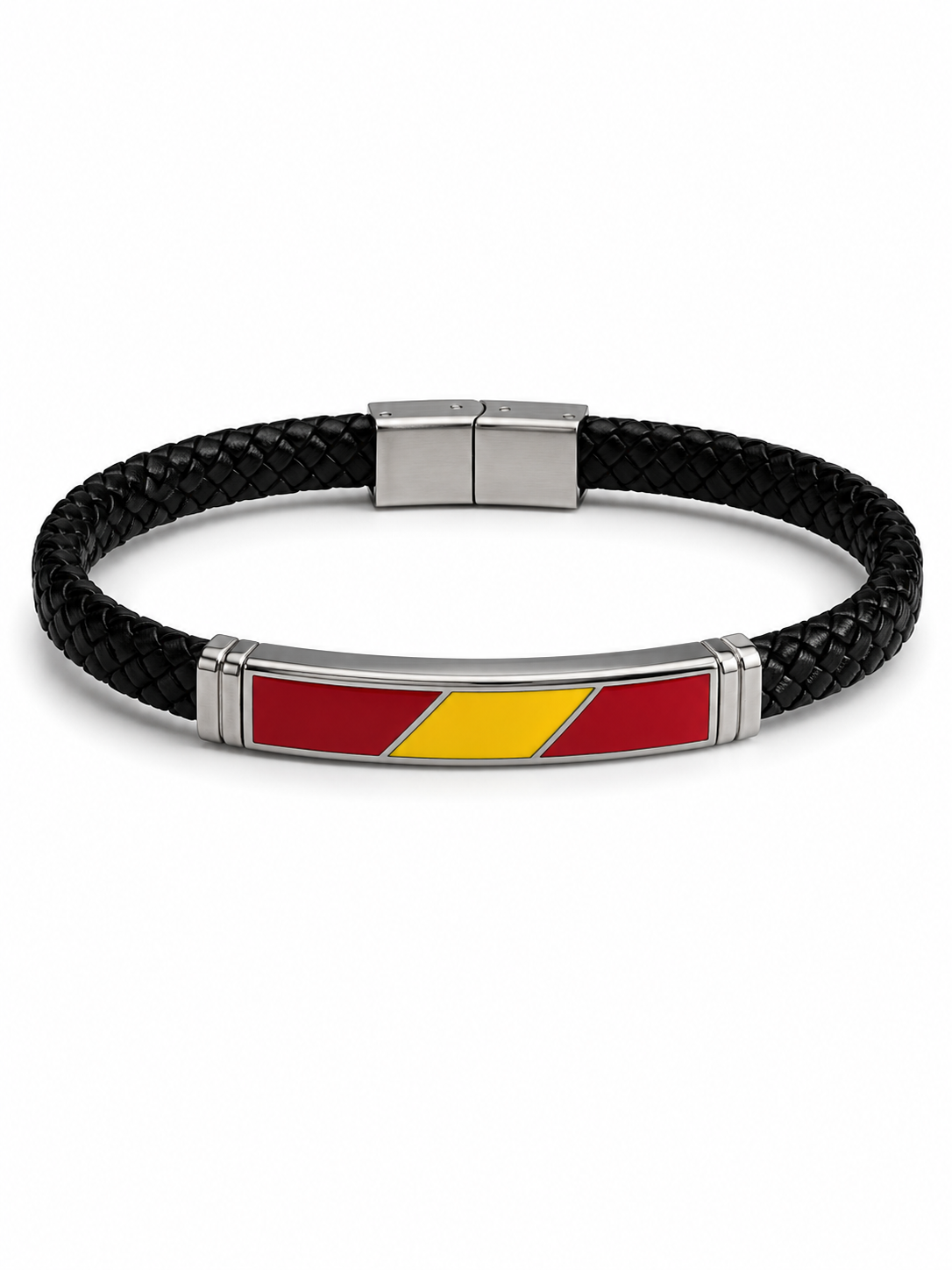 Pulsera de Cuero Negro Trenzado con Bandera de España en Diagonal | Acero Inoxidable