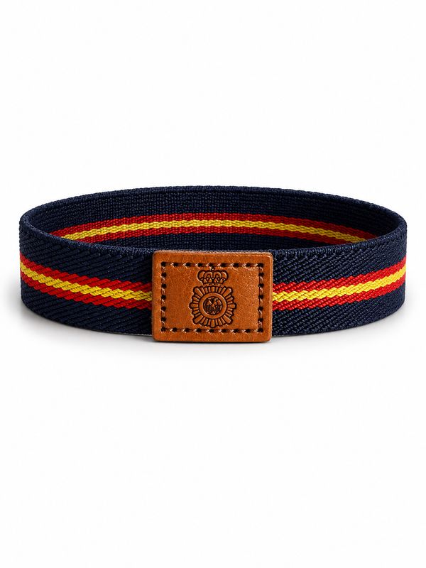 Pulsera Policía Nacional | Goma Elástica con Parche de Piel y Escudo Grabado