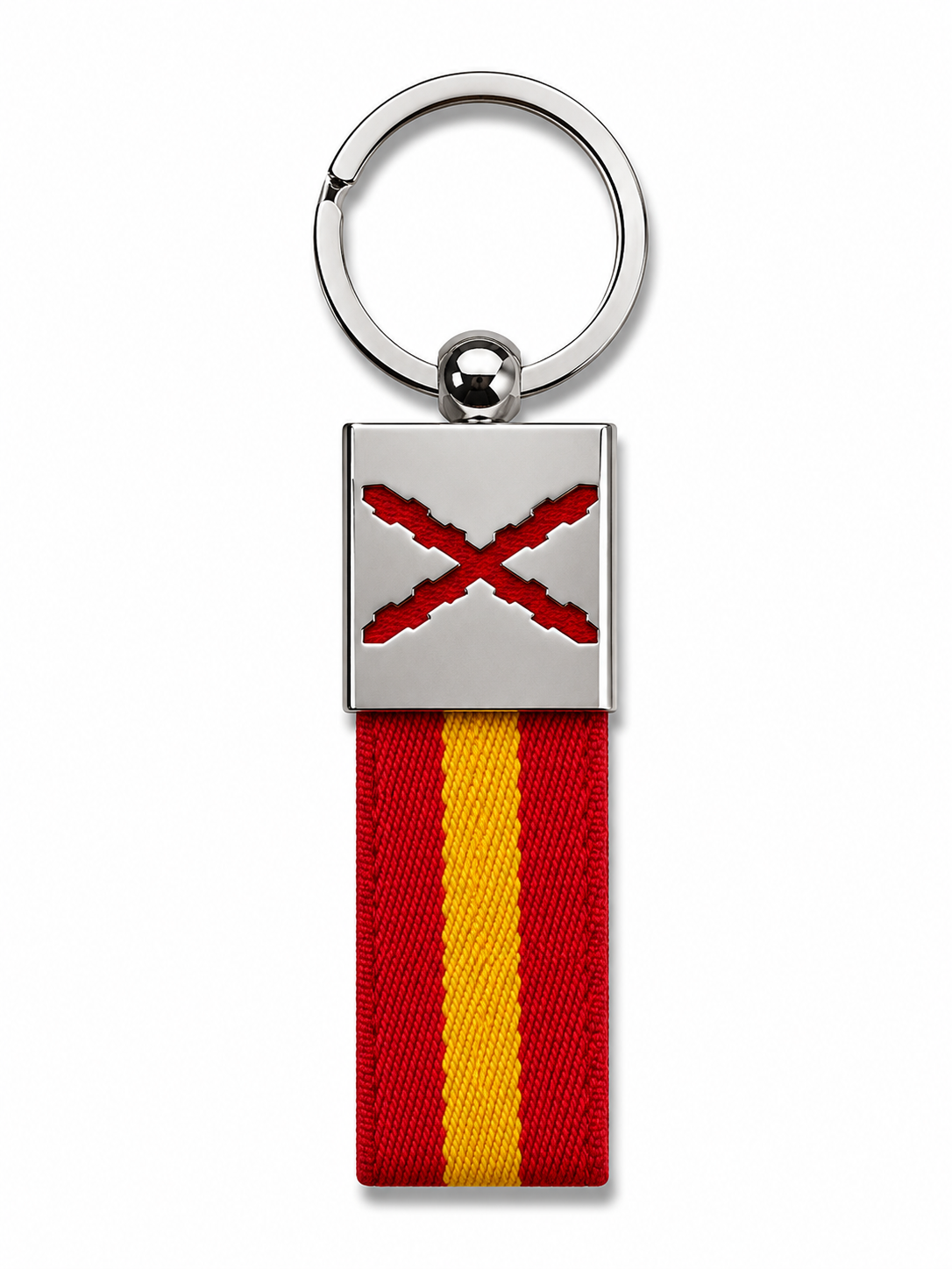 Llavero Cruz de Borgoña — Enganche Metálico Grabado Láser Rojo con Lona Bandera de España