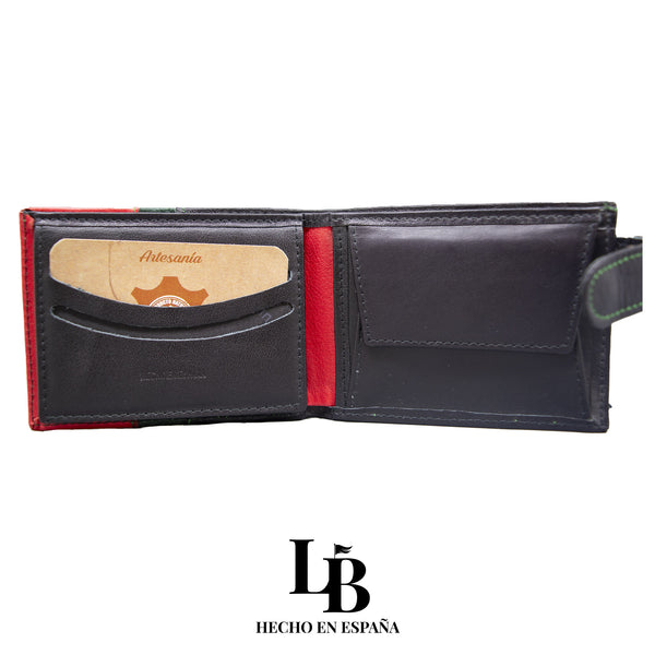 Cartera Negra con Detalles Verdes y Rojos | Piel Artesanal Española