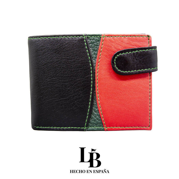 Cartera Negra con Detalles Verdes y Rojos | Piel Artesanal Española