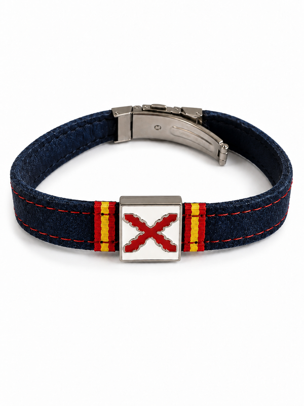 Pulsera de Cuero Azul Marino con Cruz de Borgoña | Placa Acero Inoxidable y Bandera de España