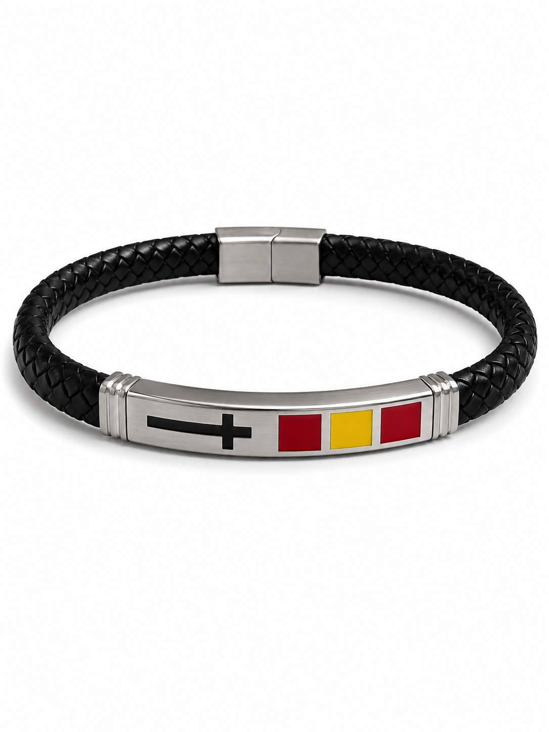Pulsera de Cuero Trenzado con Cruz y Bandera de España