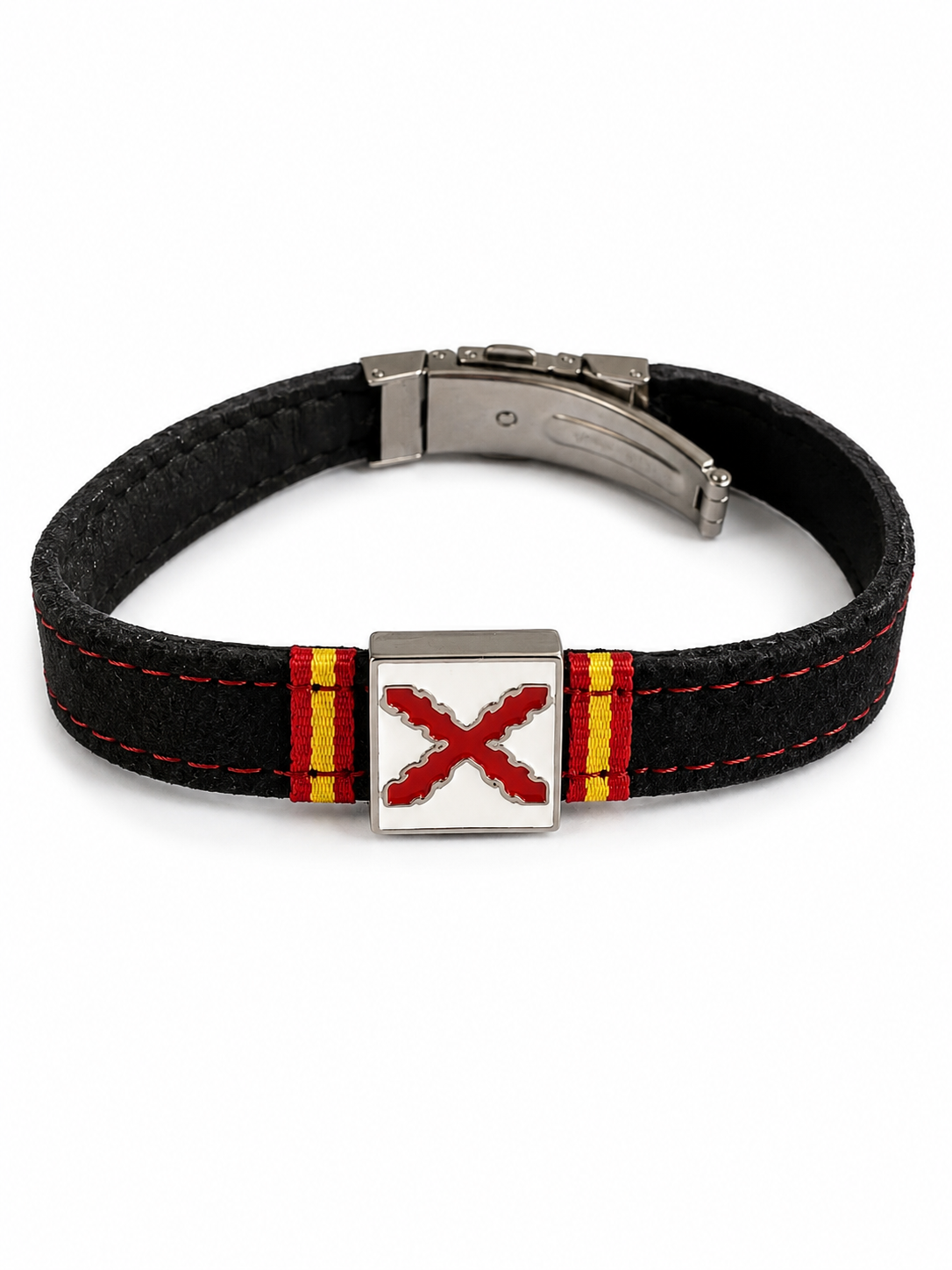 Pulsera de Cuero Negro con Cruz de Borgoña | Placa Acero Inoxidable y Bandera de España