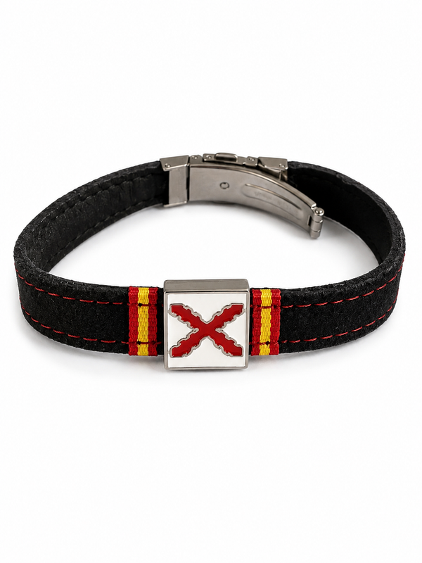Pulsera de Cuero Negro con Cruz de Borgoña | Placa Acero Inoxidable y Bandera de España