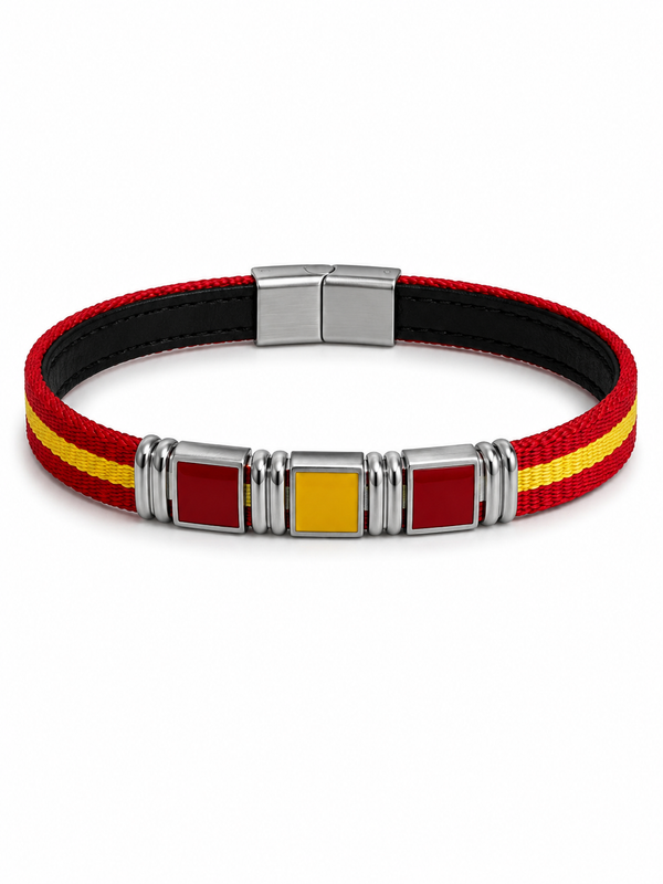 Pulsera de Cuero Bicolor con Bandera de España | Placa Acero Inoxidable