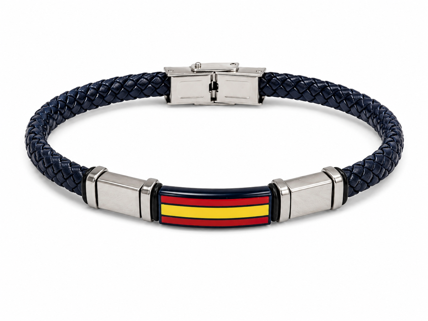 Pulsera de Cuero Azul Trenzado con Bandera de España – Acero Plateado