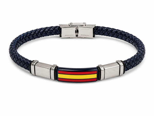 Pulsera de Cuero Azul Trenzado con Bandera de España – Acero Plateado