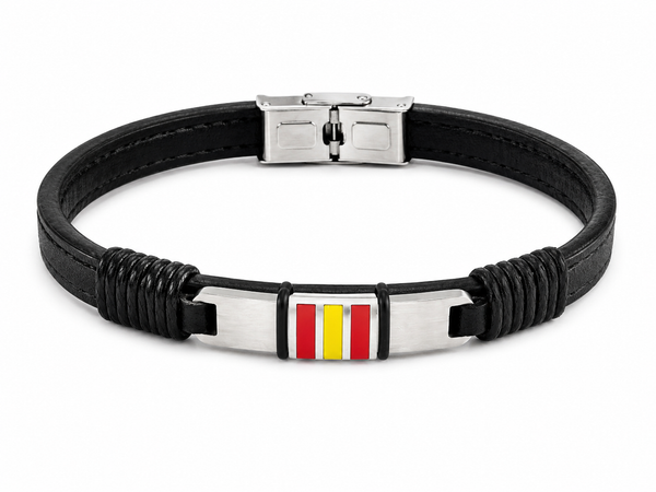 Pulsera de Cuero Negro con Bandera de España y Detalles Decorativos – Acero Inoxidable