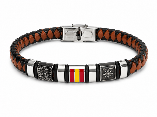 Pulsera de Cuero Dos Tonos con Bandera de España – Acero Inoxidable