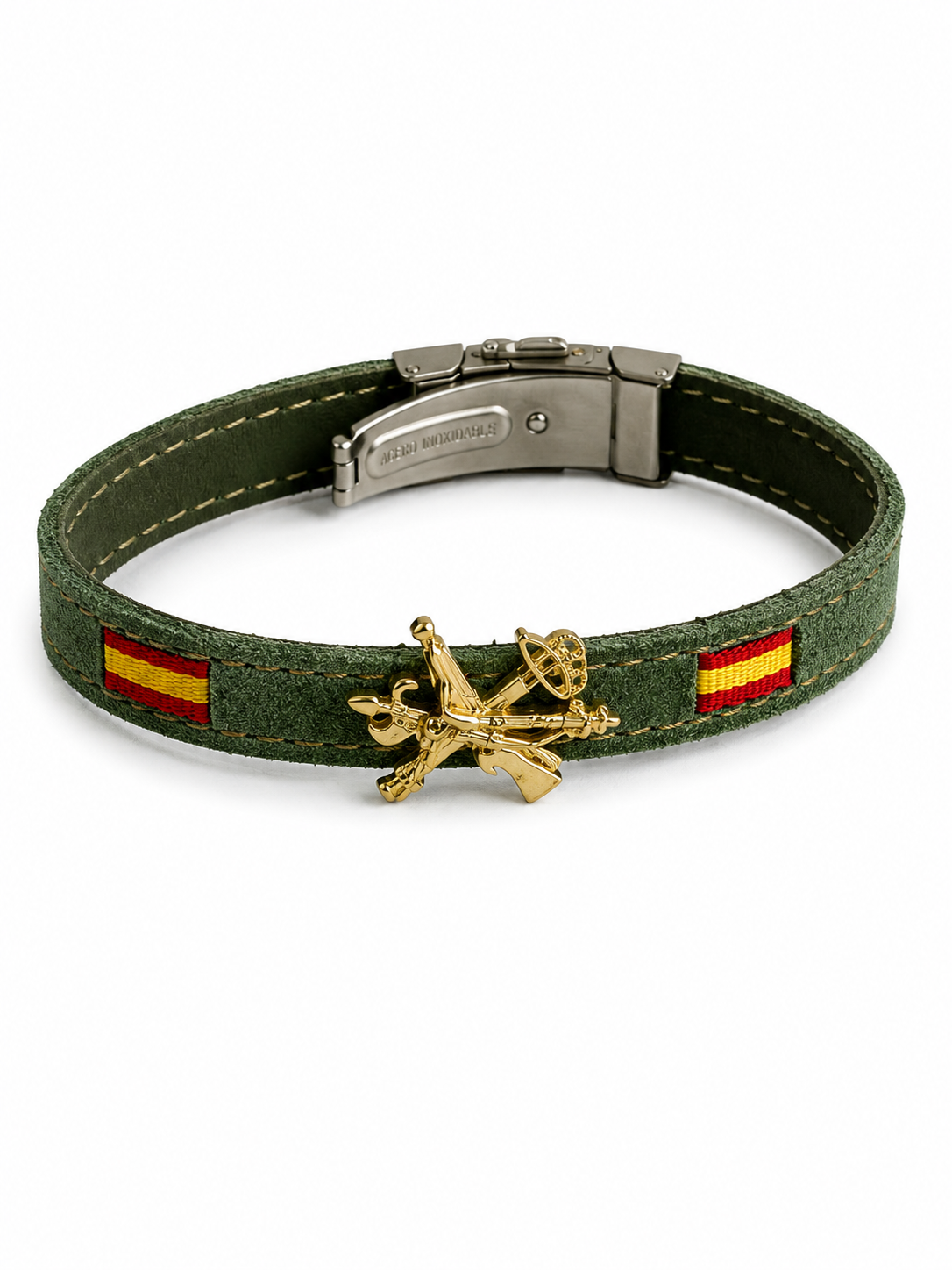 Pulsera Legión Española | Cuero Verde con Figura Dorada 3D y Bandera de España