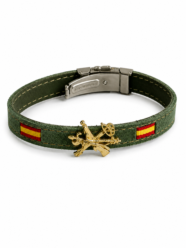 Pulsera Legión Española | Cuero Verde con Figura Dorada 3D y Bandera de España