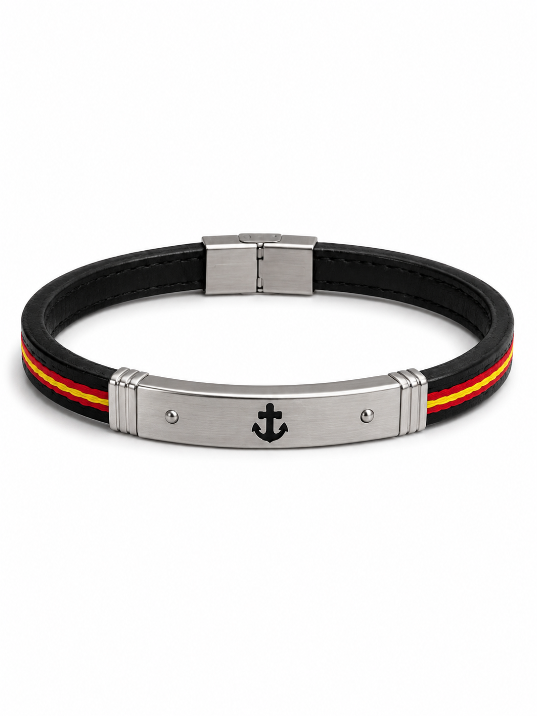 Pulsera de Cuero Negro con Ancla y Bandera de España | Acero Inoxidable