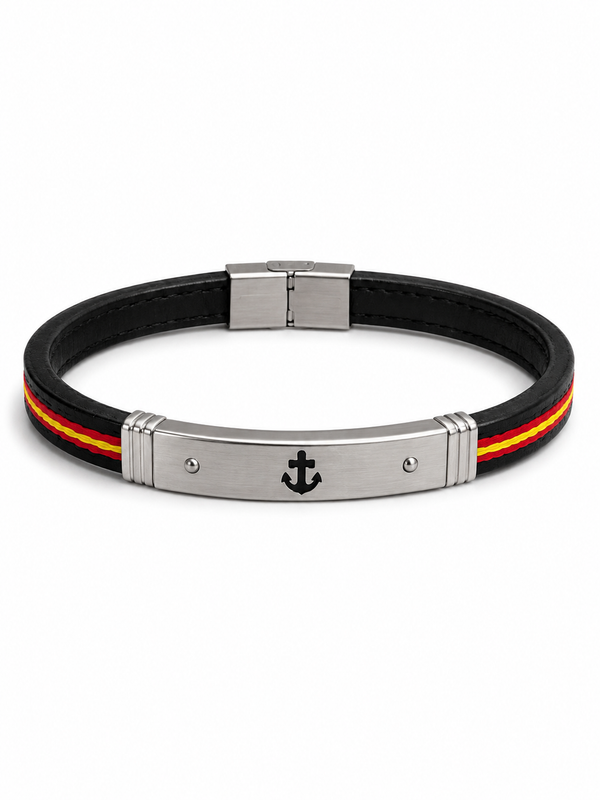 Pulsera de Cuero Negro con Ancla y Bandera de España | Acero Inoxidable