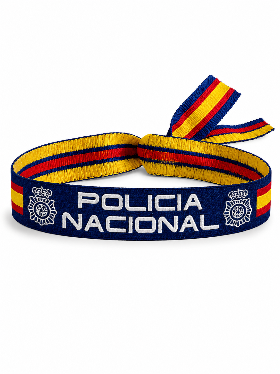 Pulsera Policía Nacional | Tela Azul con Escudo y Lazo Bandera de España