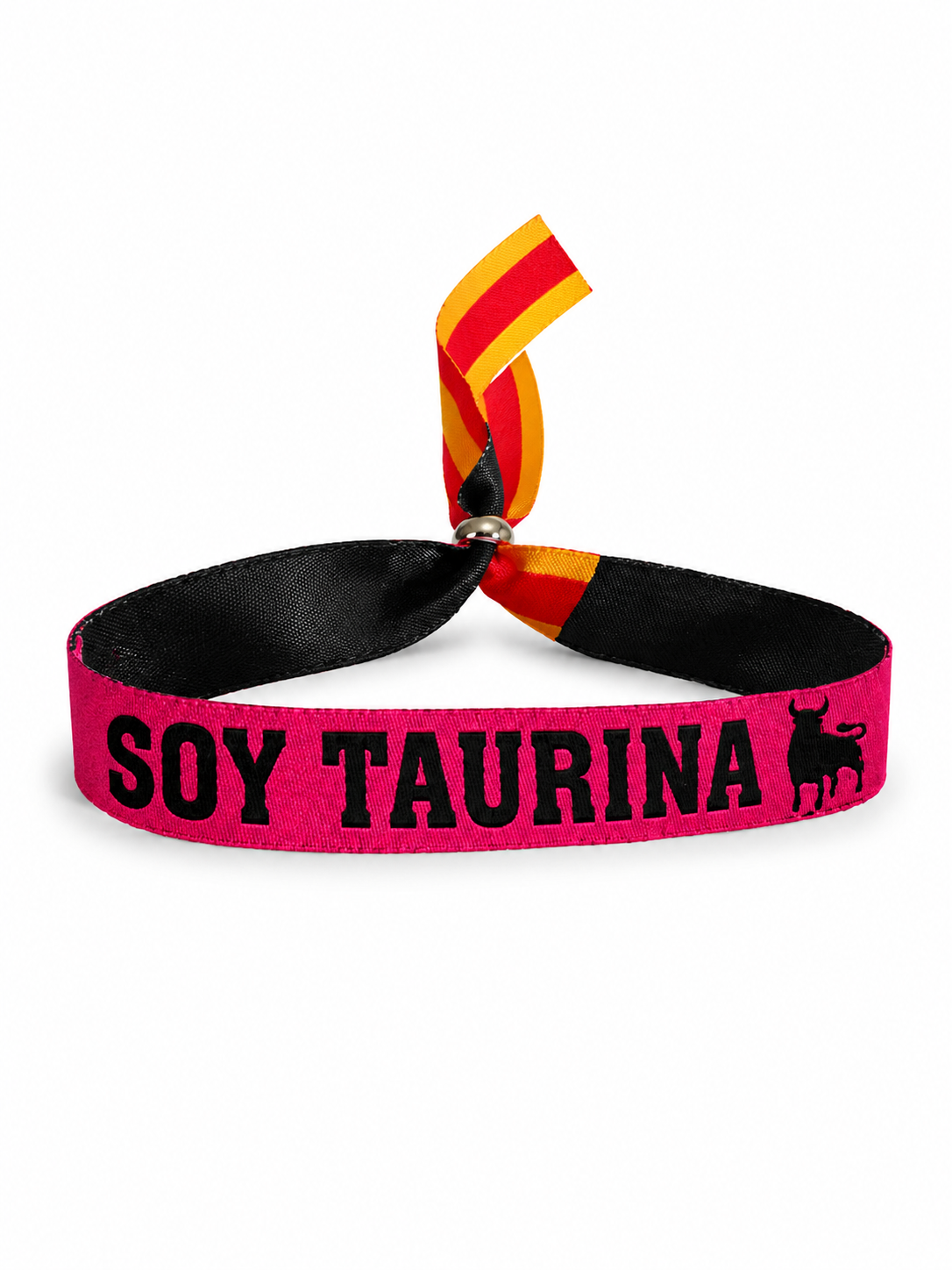 Pulsera «Soy Taurina» | Tela Rosa con Toro y Lazo Bandera de España