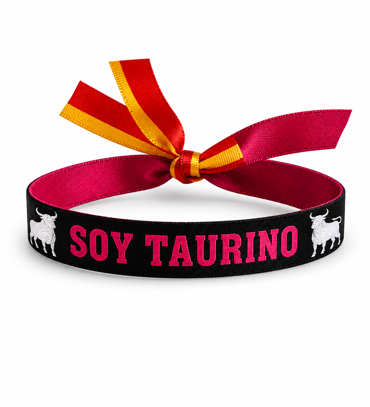 Pulsera «Soy Taurino» | Tela Negra con Toros y Lazo Bandera de España
