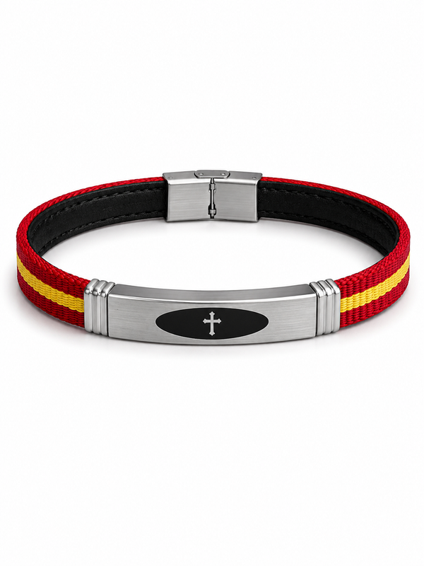 Pulsera de Cuero Rojo con Cruz y Bandera de España | Acero Inoxidable