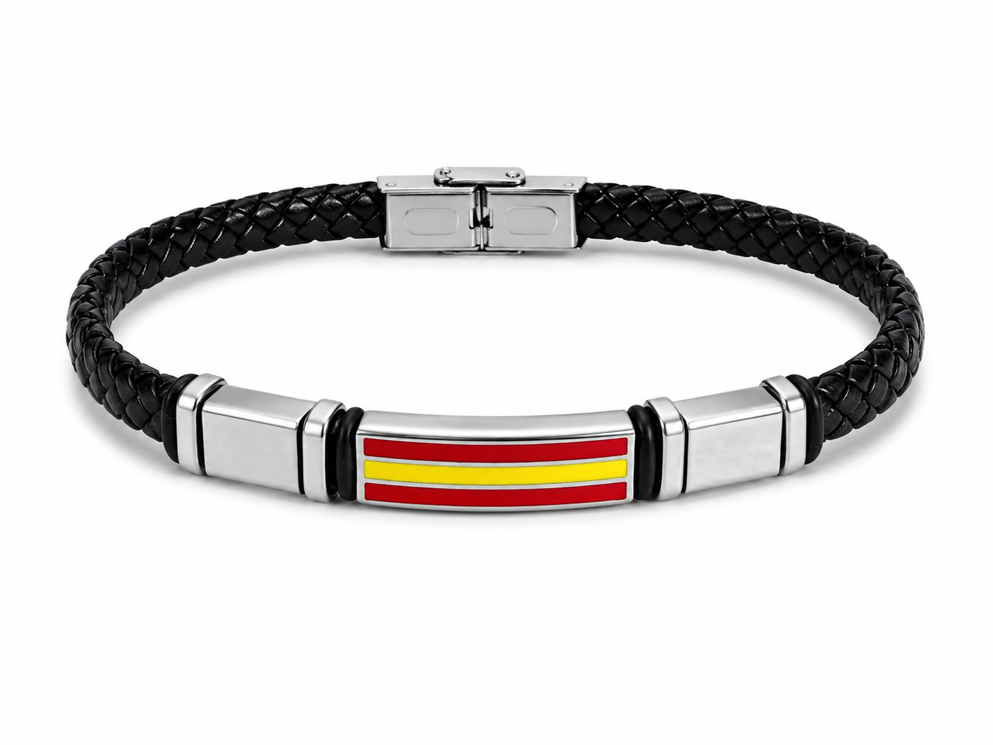 Pulsera de Cuero Negro Trenzado con Bandera de España – Acero Inoxidable