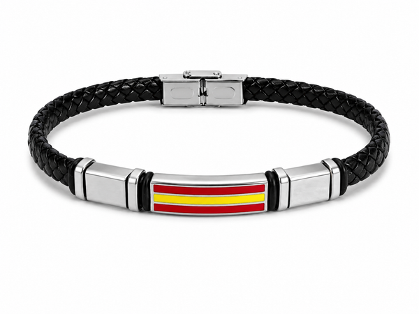 Pulsera de Cuero Negro Trenzado con Bandera de España – Acero Inoxidable
