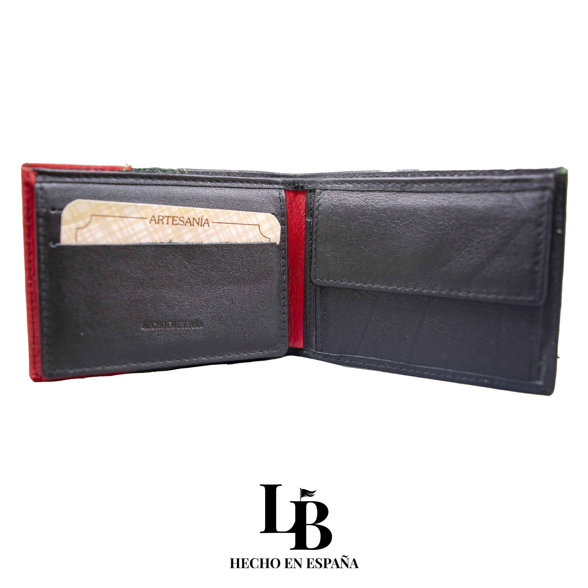Cartera Negra con Detalles en Rojo y Verde | Piel Artesanal Española