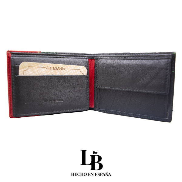 Cartera Negra con Detalles en Rojo y Verde | Piel Artesanal Española