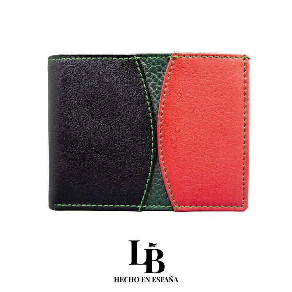 Cartera Negra con Detalles en Rojo y Verde | Piel Artesanal Española